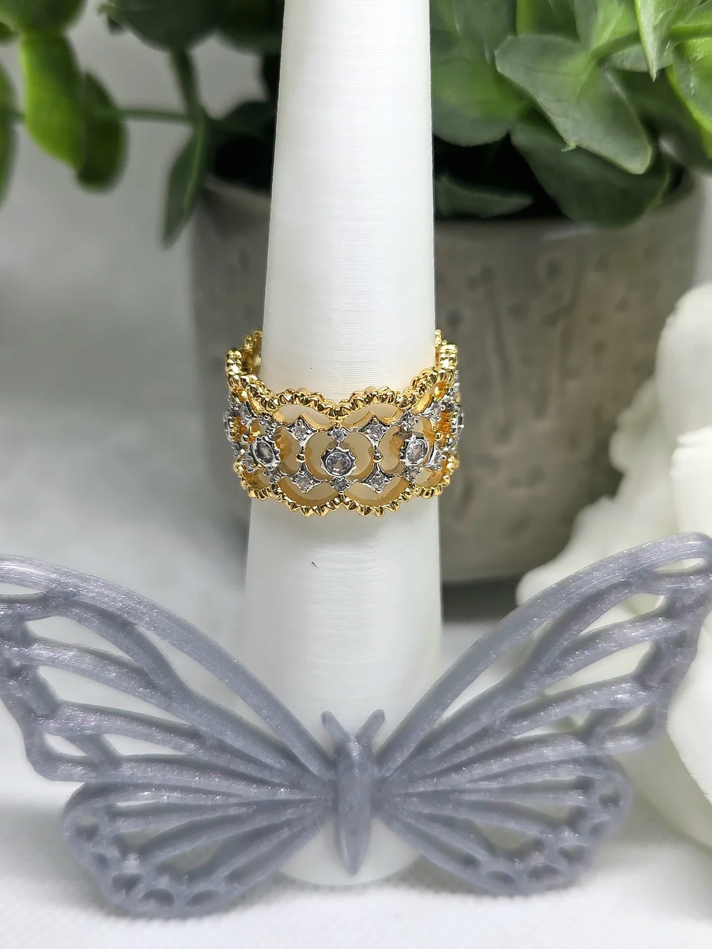 Gold-Tone Floral Filigree Band with Clear Stone Accents